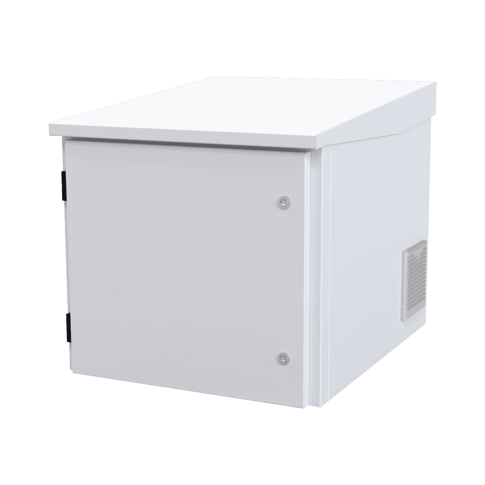 Gabinete PROFUNDO hasta 705 mm de profundidad, de Exterior de 9UR con Ventiladores y Termostato, Se envía el Gabinete Armado, (Montaje a poste o torre se vende por separado).