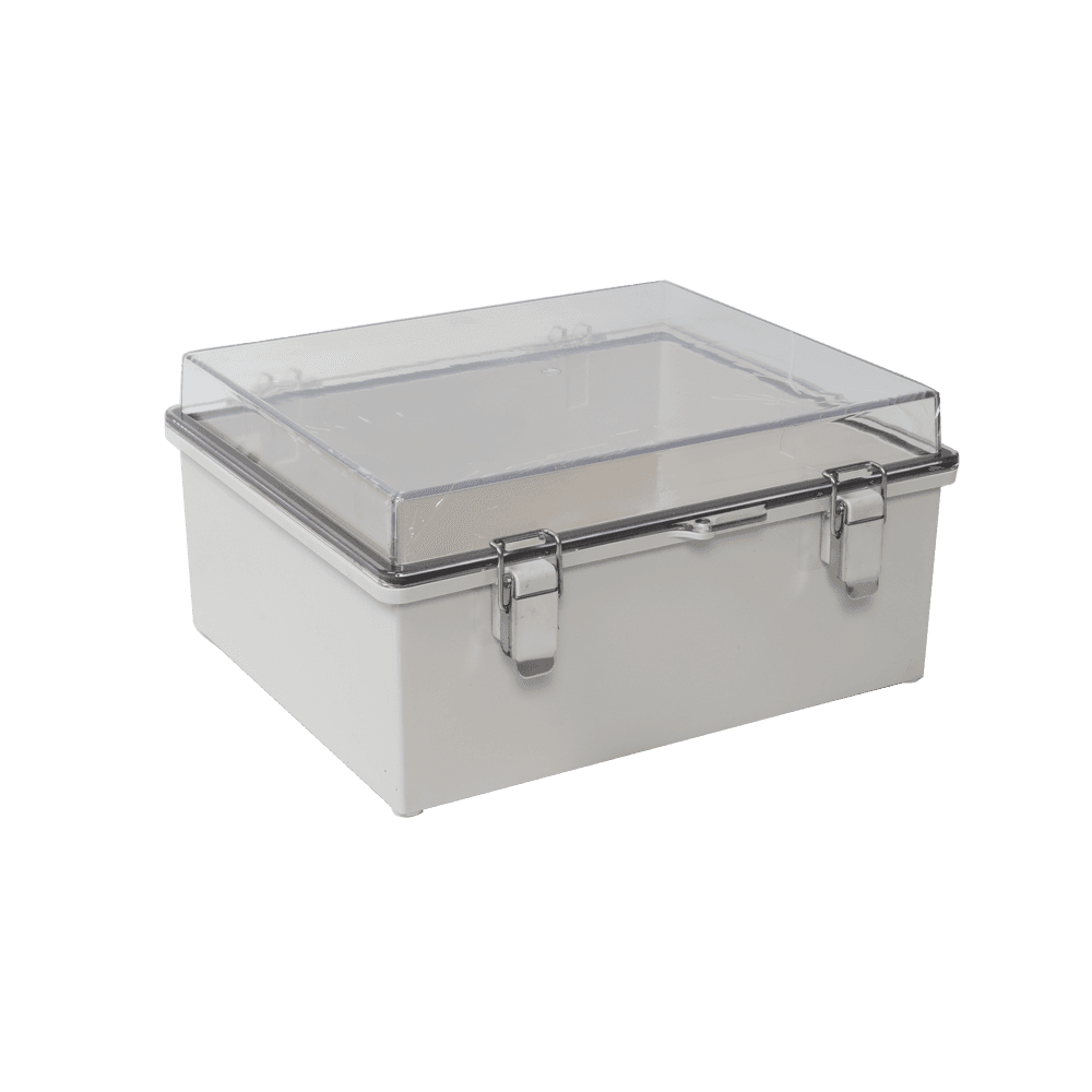 Gabinete Plástico ABS, Puerta Transparente, Uso en Intemperie IP66 (170 x 220 x 110 mm) Cierre por Broches Inoxidables y Permite Cerrado por Candado y Llave (Perno 5mm) No Incluido