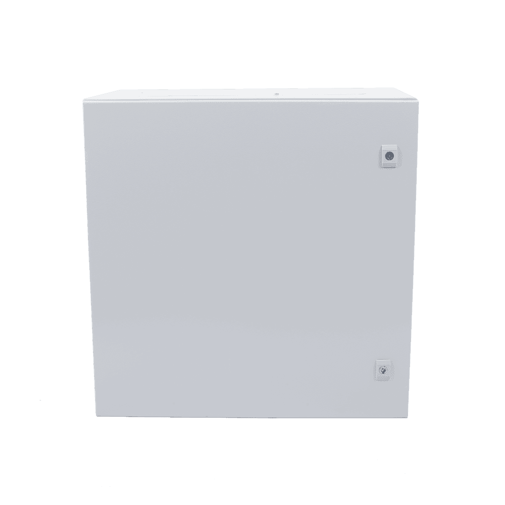 Gabinete de Acero IP66 Uso en Intemperie (600 x 600 x 300 mm) con Placa Trasera Interior Metálica y Compuerta Inferior Atornillable (Incluye Chapa y Llave T).