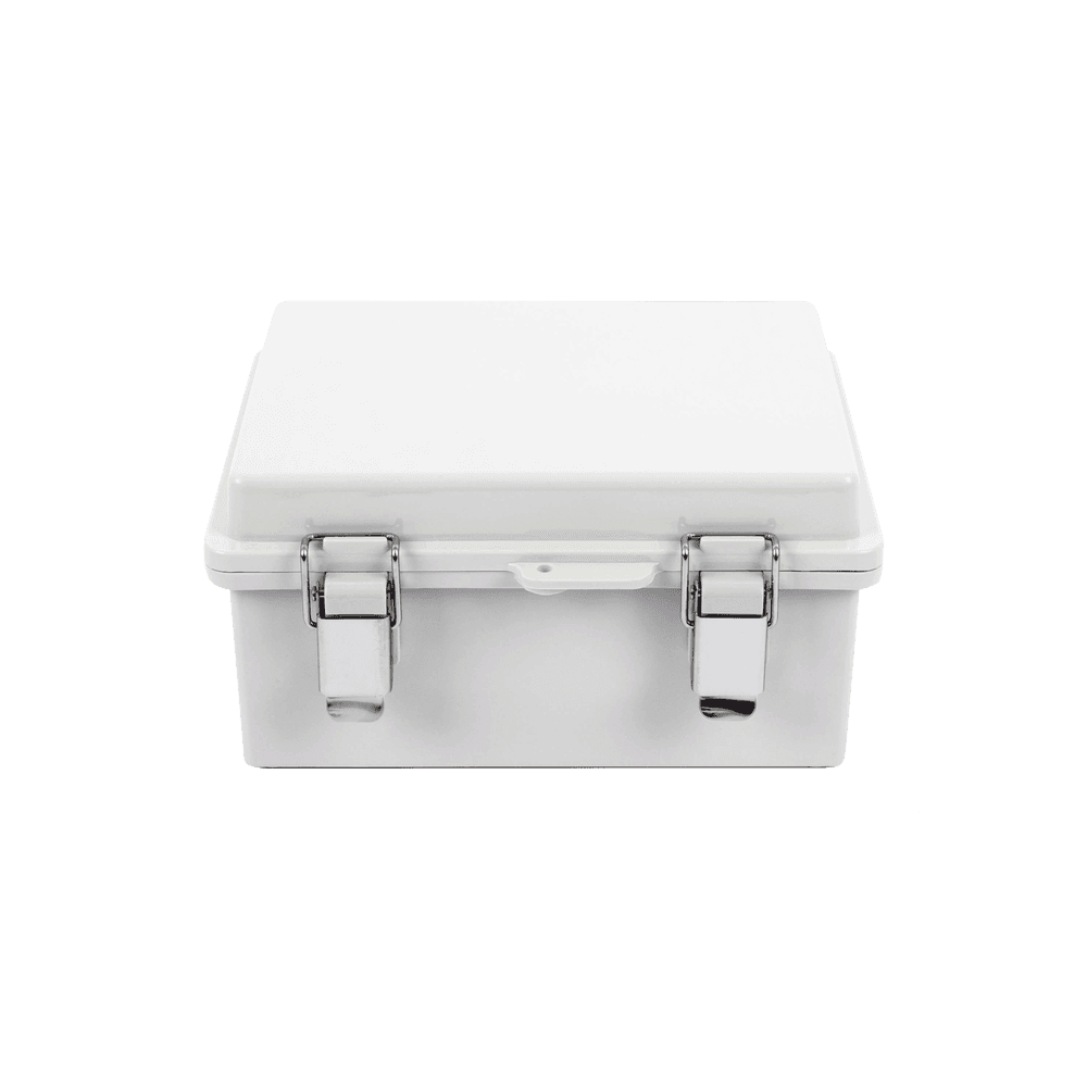 Gabinete de Plástico ABS, Uso en Intemperie IP66 (170 x 220 x 110 mm) Cierre por broche Inoxidable y Permite Cerrado con Candado y Llave (Perno 5mm) No Incluido