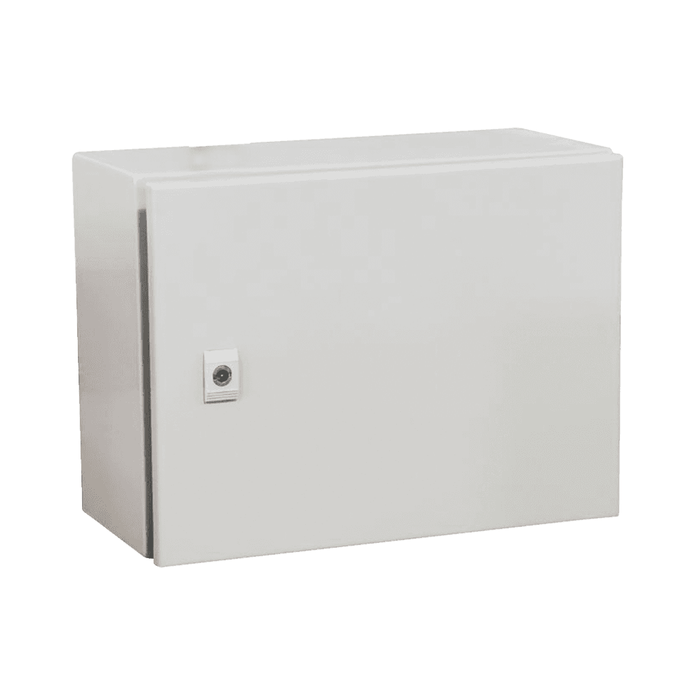 Gabinete de Acero IP66 Uso en Intemperie (400 x 300 x 300 mm) con Placa Trasera Interior Metálica y Compuerta Inferior Atornillable (Incluye Chapa y Llave T). Ideal para Centros de Carga y Tableros de Control.