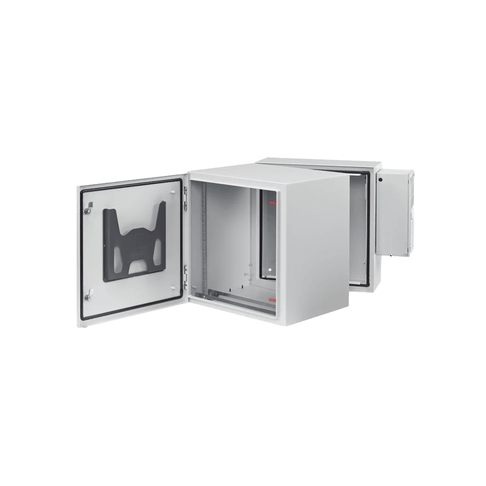Gabinete Industrial ProTek de Puerta Sólida, Con Aire Acondicionado de 2000 BTU, Protección NEMA Tipo 4/12; IP66; IK10, Abatible, Fabricado en Acero, 12 UR, Color Gris Claro
