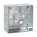 Caja Cuadrada Galvanizada de 4" x 4", profundidad de 2 1/8". Cuenta con 10 KO de 1/2" y 6 TKO (1/2" - 3/4"))