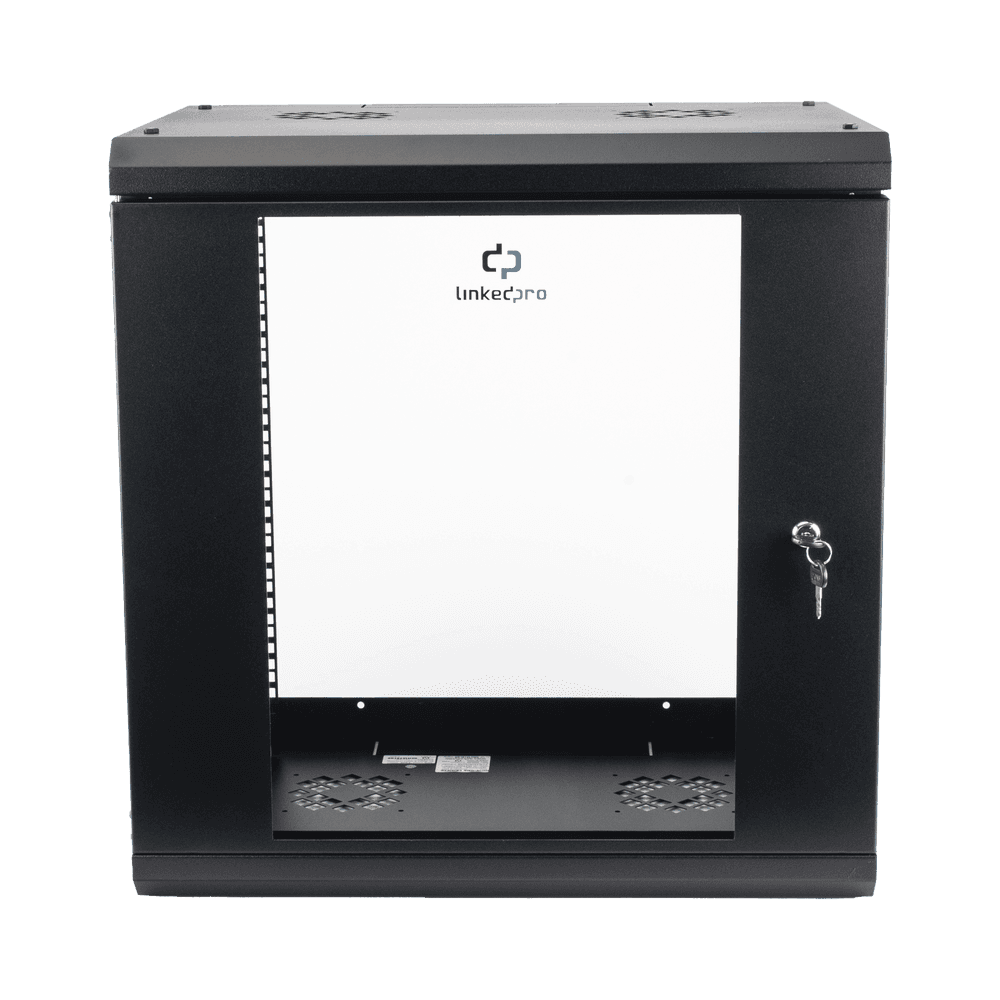 Gabinete de Pared de 12U con Puerta de Cristal Templado, 455 mm de Profundidad, Rack de 19'', Acero Reforzado Color Negro.