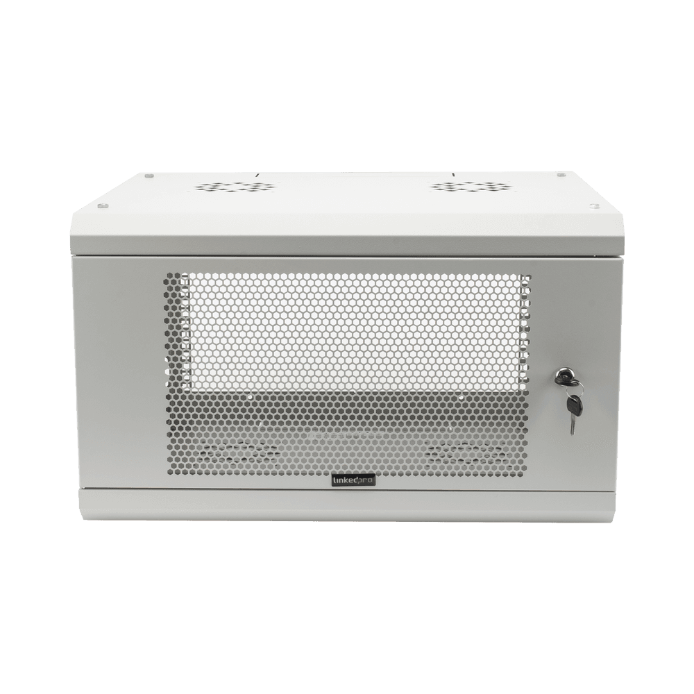Gabinete de Pared de 6U con Puerta Perforada, 455 mm de Profundidad Total, Rack de 19'', Acero Reforzado Color Gris Mate