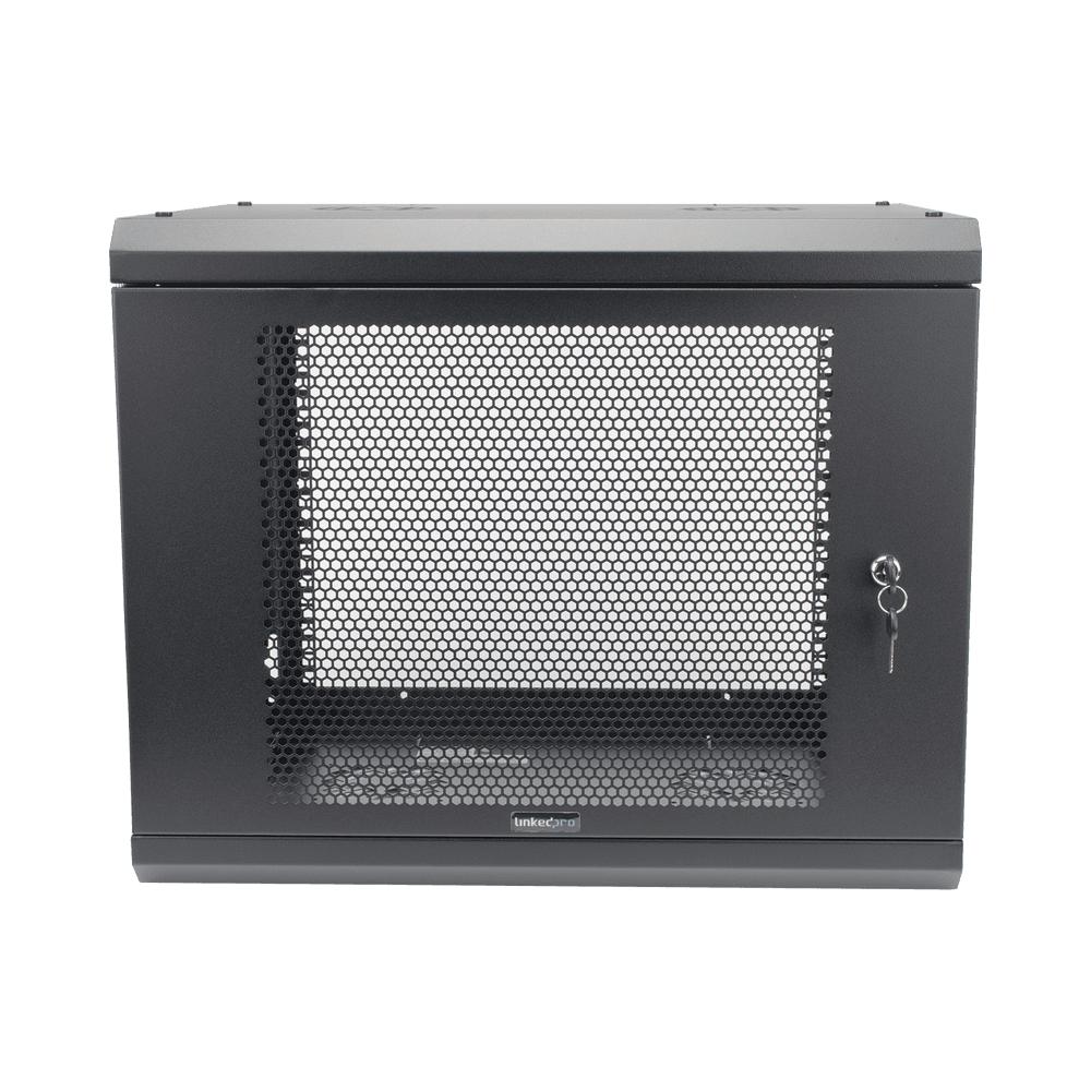 Gabinete de Pared de 9U con Puerta Perforada, 455 mm de Profundidad, Rack de 19'', Acero Reforzado Color Negro.
