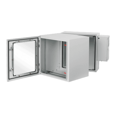 Gabinete Industrial ProTek de Puerta con Ventana, Con Aire Acondicionado de 800 BTU, Protección NEMA Tipo 4/12; IP66; IK10, Abatible, Fabricado en Acero, 19 UR, Color Gris Claro