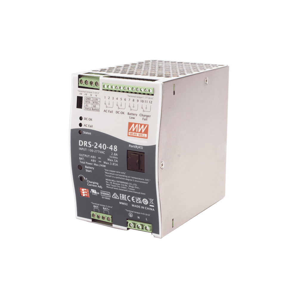 Fuente de Poder Industrial de 240W con Cargador de Baterías, salida 48Vcc, 5A, para montaje Riel Din