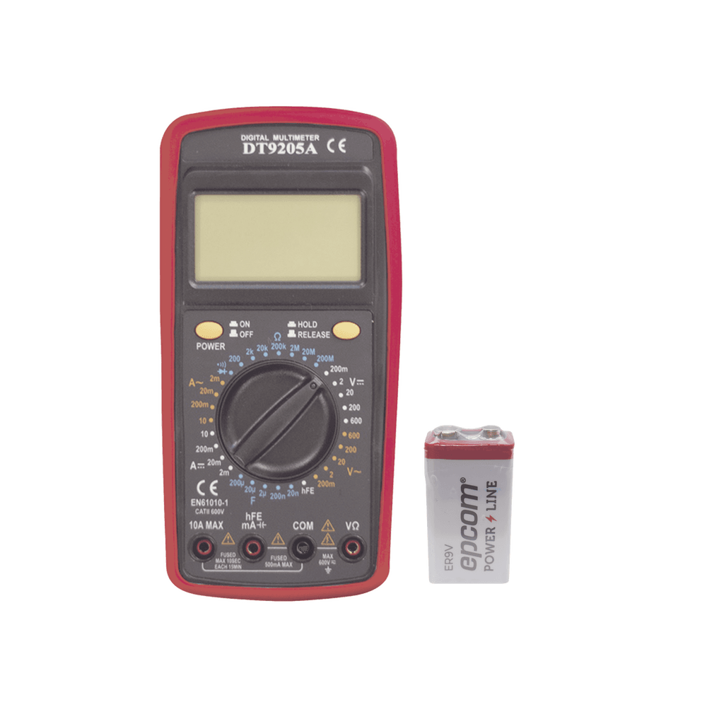 KIT Multímetro Digital DT9205A 600 Vcc / Vca CATII, con Pantalla LCD. Incluye Batería ER-9V de 9V