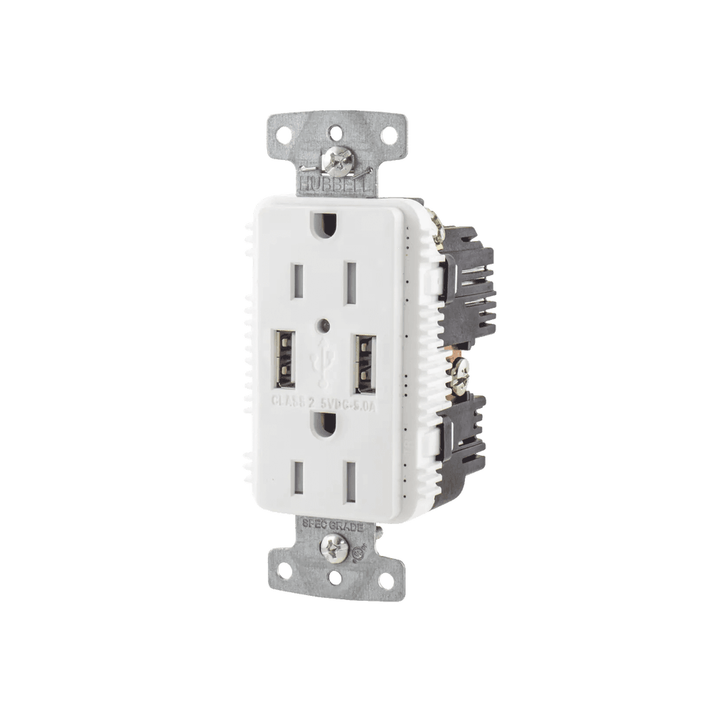 Contacto Dúplex con 2 Puertos USB, 15A 125V, 2 Polos, 3 Hilos, Color Blanco.