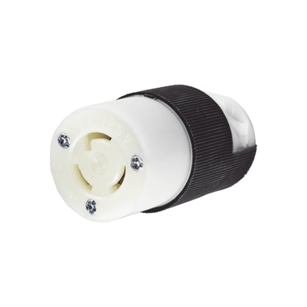 Conector Industrial con Bloqueo de Media Vuelta / 15 A 125 V CA / 2 Polos 3 Hilos / Color Blanco y Negro / Nema L5-15R.