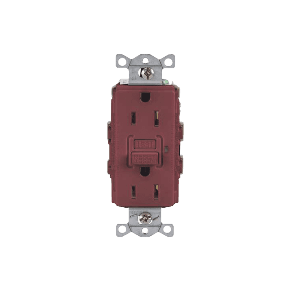 Contacto de Auto-verificación GFCI con Interruptor de Falla a Tierra de 15 A 125 V 2 Polos/ Color Rojo / Nema 5-15R / Grado Industrial Comercial.