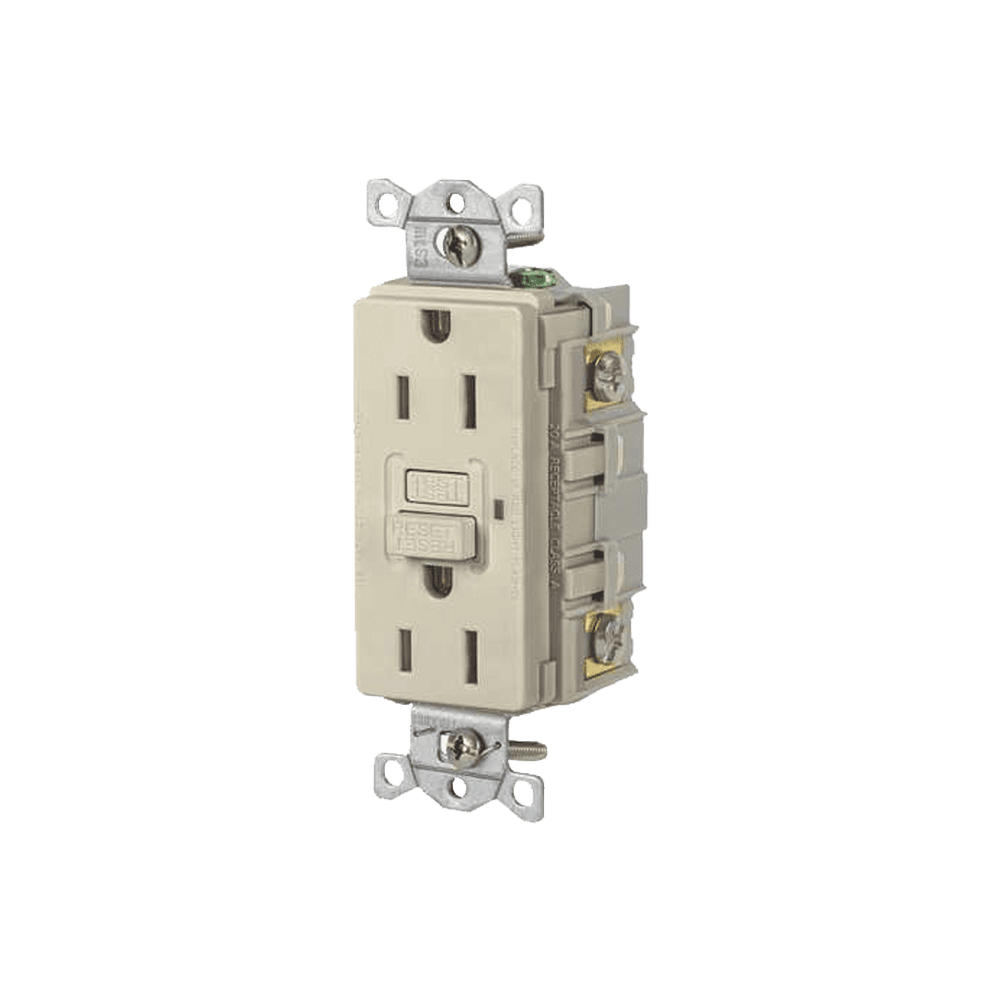 Contacto de Auto-verificación GFCI con Interruptor de Falla a Tierra de 15 A 125 V 2 Polos/ Color Marfil / Nema 5-15R / Grado Industrial Comercial.