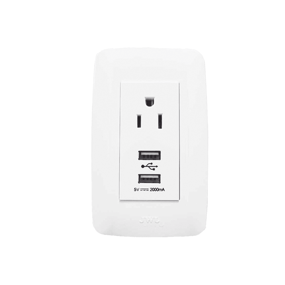 Contacto Sencillo de 15 A/ 127 V CA y 2 Conectores USB de 5 V CD 2A / Color Blanco.