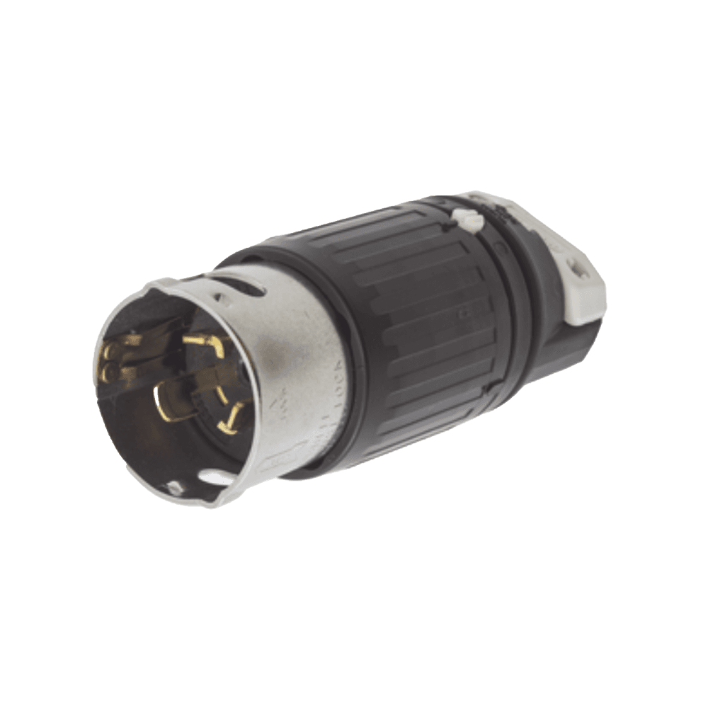 Enchufe Macho con Bloqueo de Media Vuelta Trifásico / 50 A 250 VCA 3 Fases / 3 Polos 4 Hilos / Grado Industrial / Color Negro y Blanco.